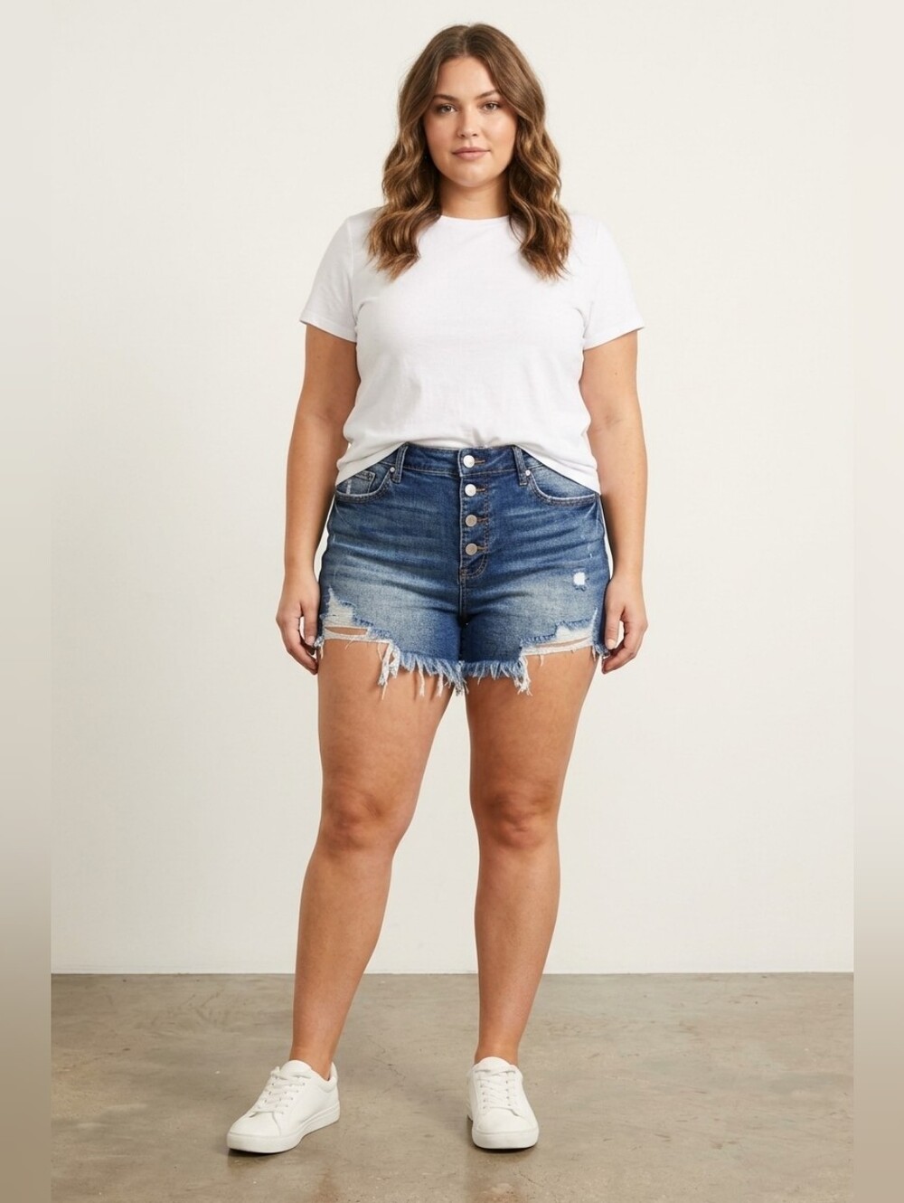 RISEN Jeans Medium Wash Button Fly Distressed Denim Jean Shorts Size Large NWT